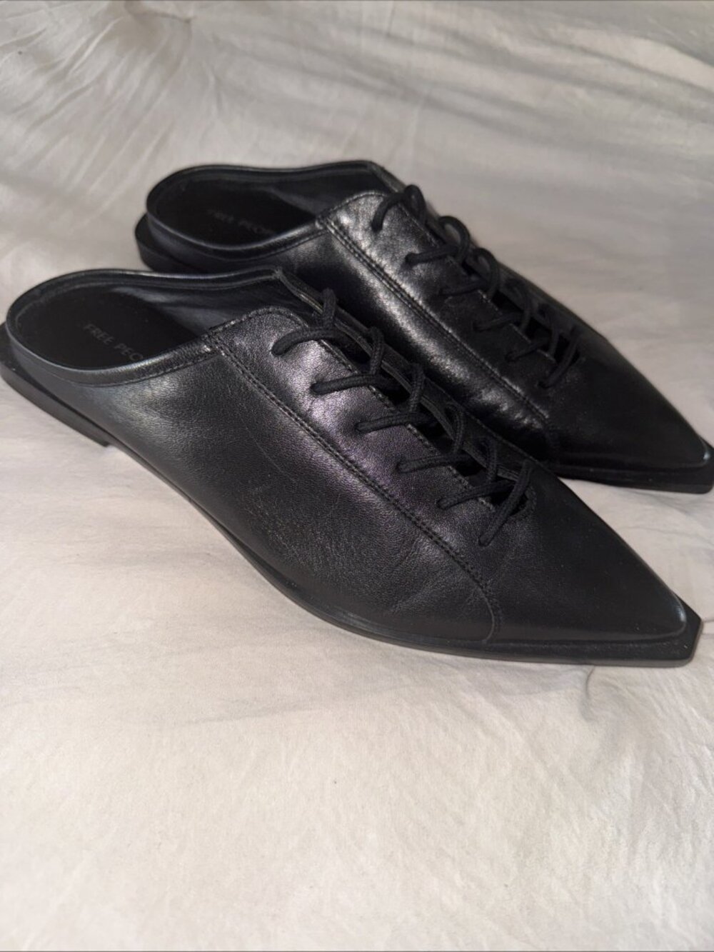 Free People Beau Tie Leather Lace Up Mules Pointed Toe Slip On Oxfords Black 7.5